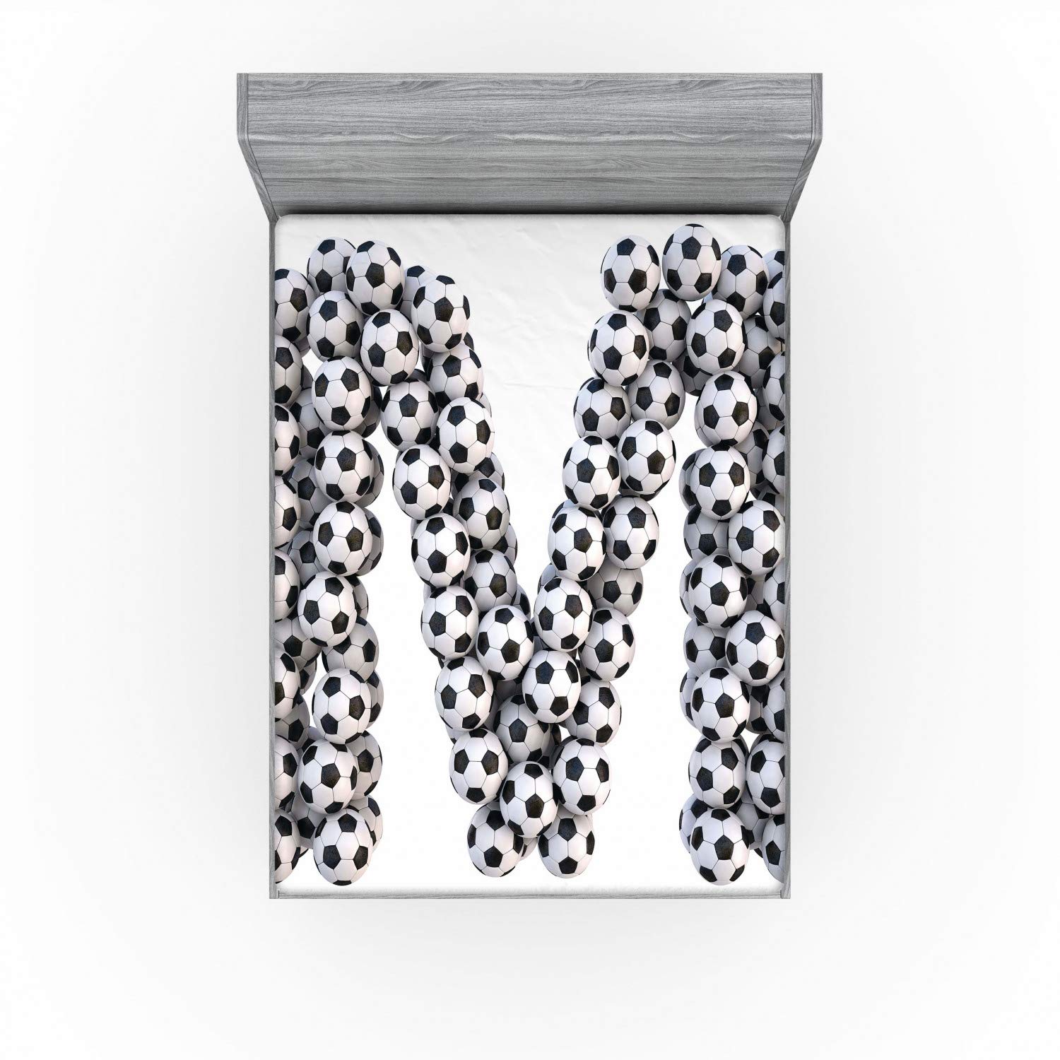 Ambesonne Letter M Fitted Sheet, Diagonal and Vertical Stack of Soccer Balls Alphabet Letter Design, Soft Decorative Fabric Bedding All-Round Elastic Pocket, Full Size, Black and White