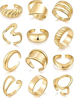 Chunky Gold Stackable Rings for Women Non Tarnish, 18K Gold-Plated Statement Open Stacking Rings, Knuckle Band Ring Set