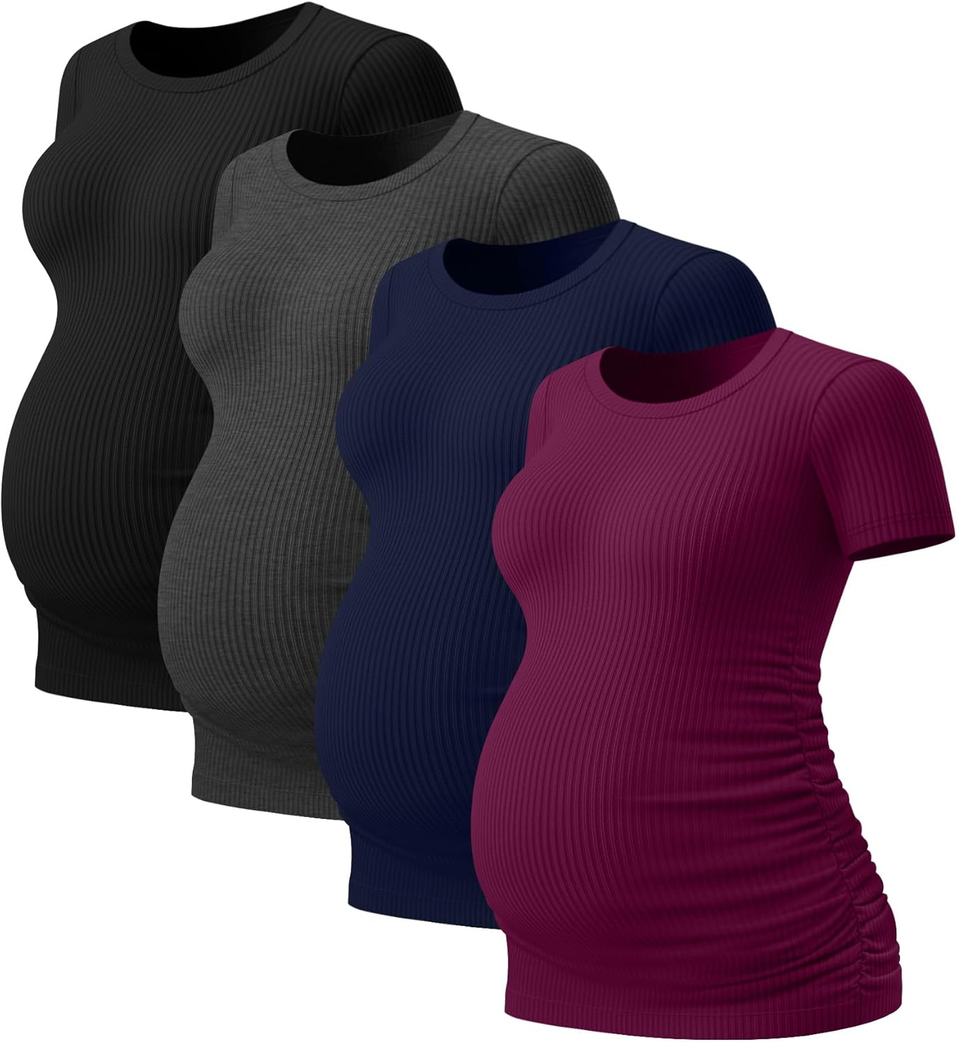 Neer 4 Pack Women's Maternity Shirts Ribbed Short Sleeve Maternity Tops Crew Neck Cotton Tee Side Ruched Pregnancy Clothes - Image 3