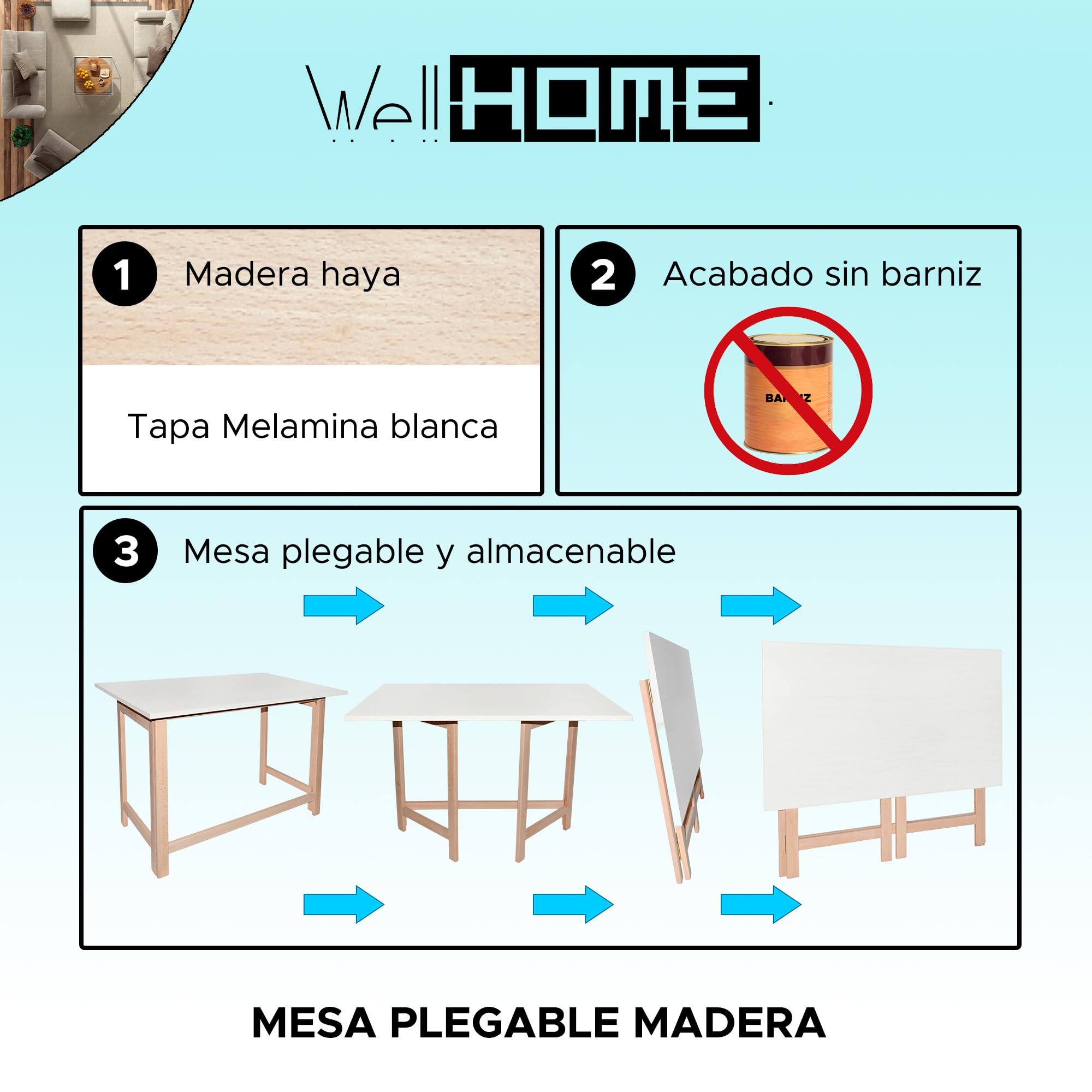 WELL HOME MOBILIARIO & DECORACIÓN Tapa Mesa Plegable Blanca, Acabado SIN Barniz, L.100 x F.60 x H.75