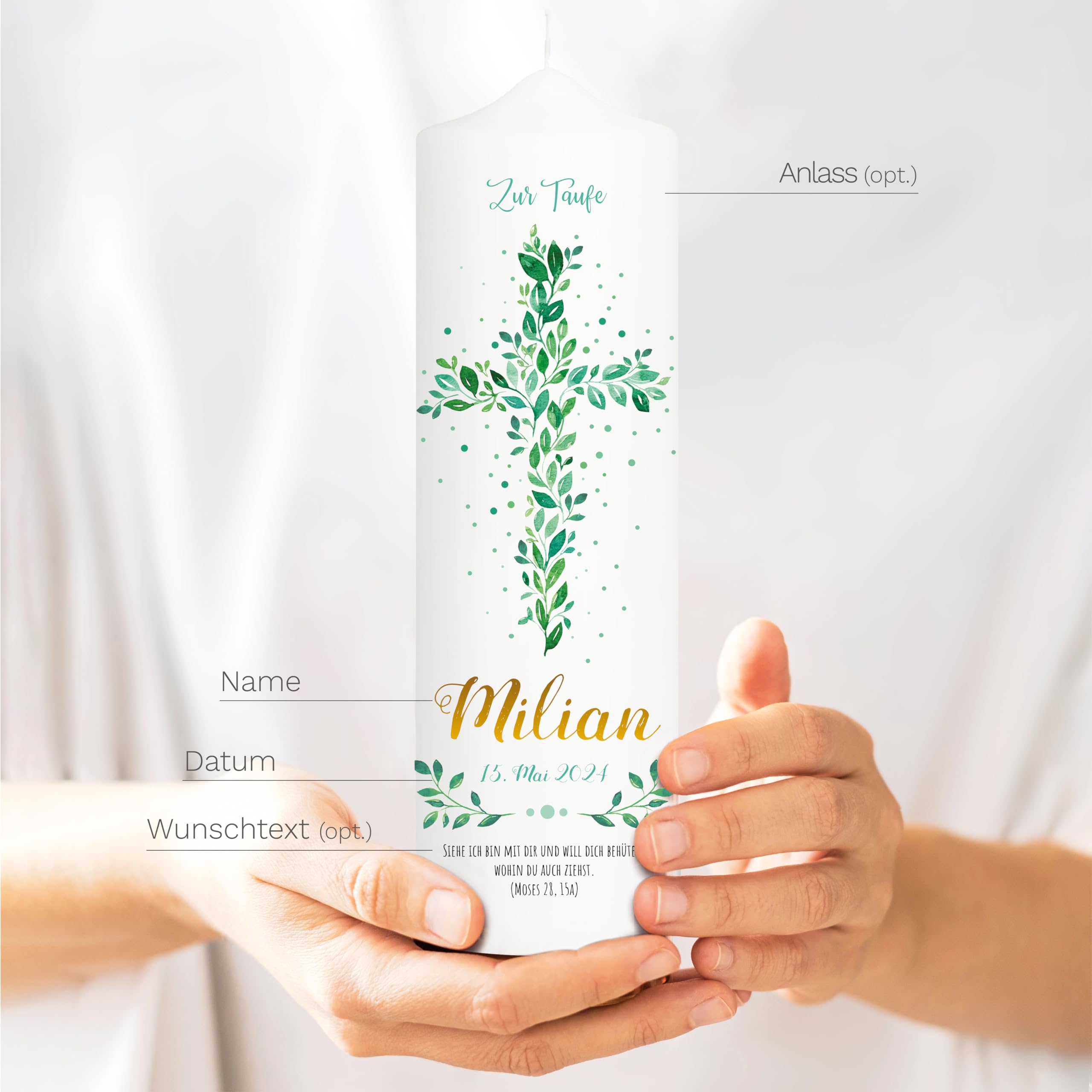 Bougie Baptême personnalisée Fille Garçon motif Croix florale verte – Cierge Baptême avec prénom, date et message – Bougie imprimée – cierge personnalisé – 25 x 8 cm