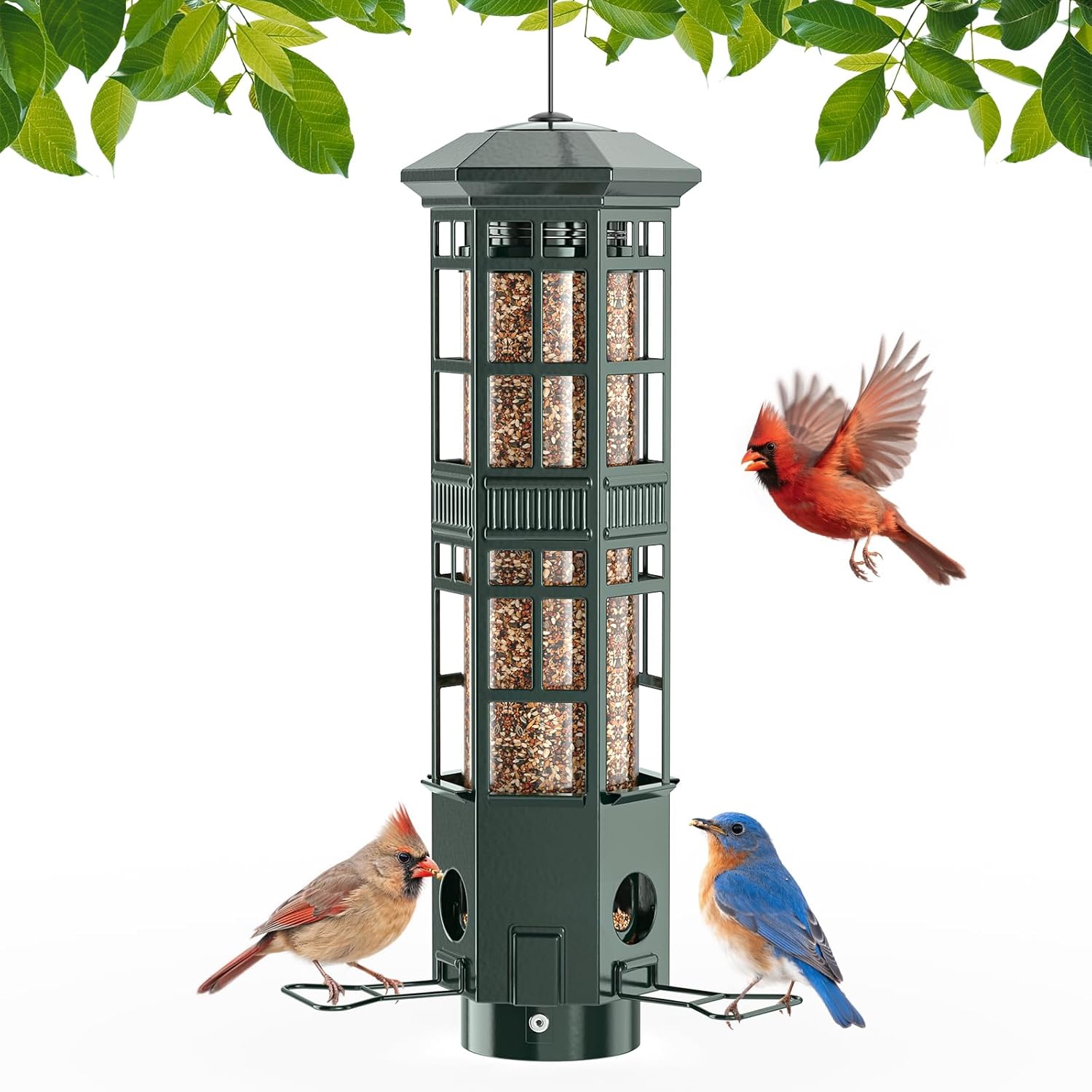 Squirrel Proof Bird Feeder for Outdoors - 3 Port Hanging Metal Bird Feeder with Gravity Spring, 3LB Large Capacity, Chew-Proof & Weather Resistant, Attract Wild Birds, Green