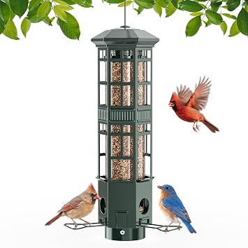 Squirrel Proof Bird Feeder for Outdoors, Chew-Proof & Weather Resistant, 3 Port, Gravity Spring Hanging Metal Bird Feeder, 3LB Large Capacity, Attract Wild Birds