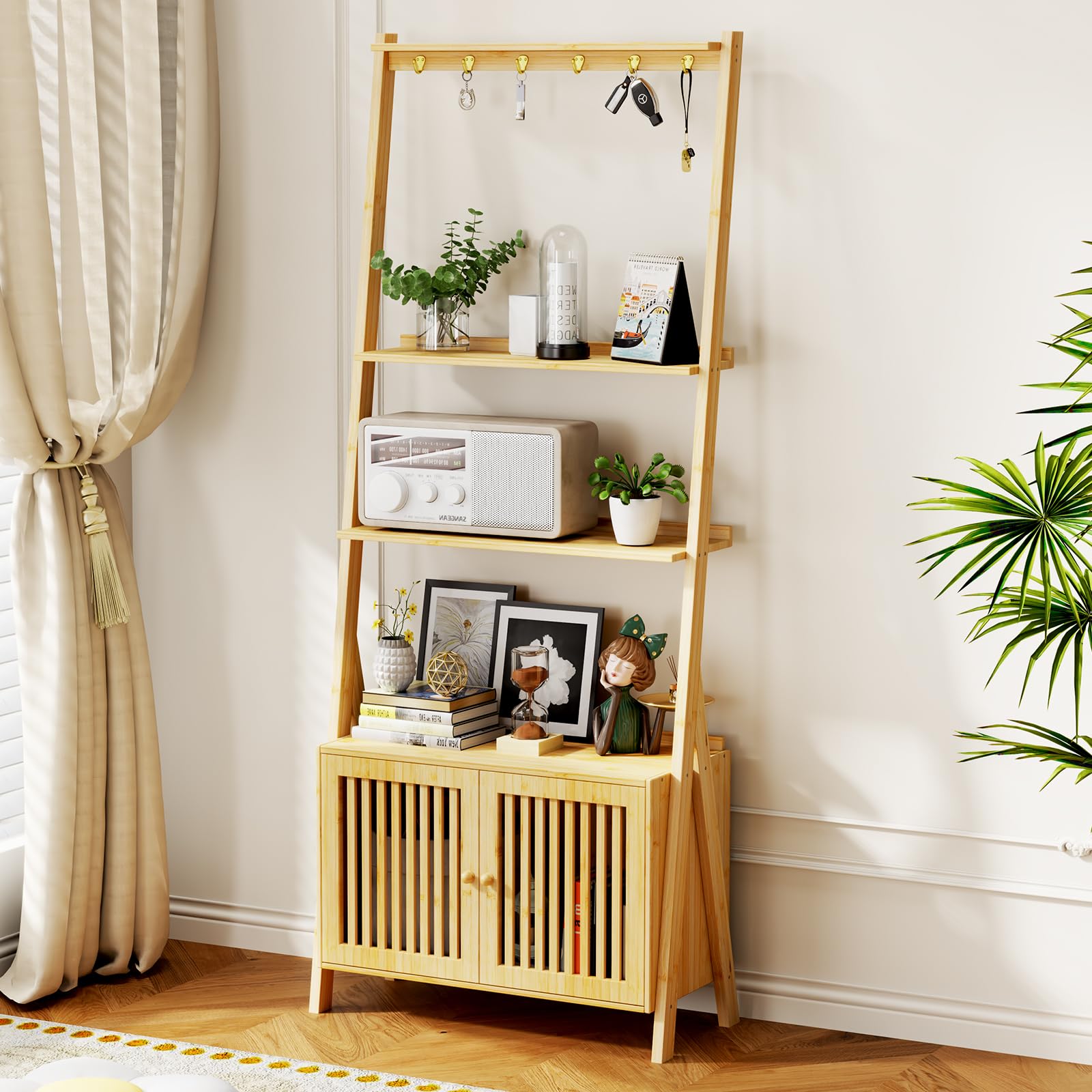 Bookcase with Drawers, 4-Tier Bamboo Bookshelf Ladder Shelf with 6 Hooks, Tall Narrow Book Shelf, 24.8"L x 10.6"W x 59.5"H, Standing Storage Organizer