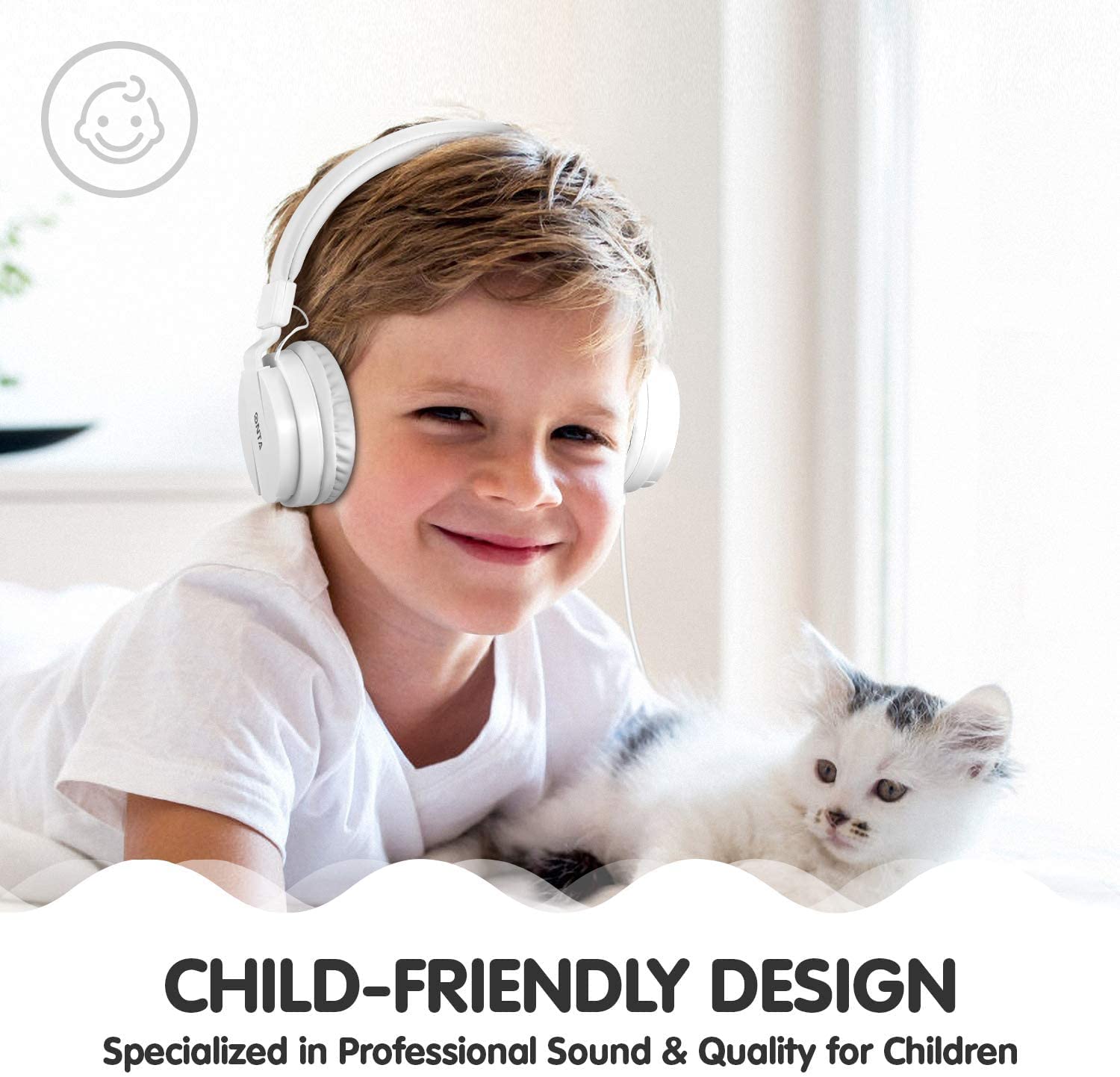 ONTA Kids Headphones for Boys Girls - Child Student Headset Wired plug Toddler Earphones School Teen on Ear for Ipad | Computer | Smart phone | Amazon Fire Tablet | Laptop | Plane Travel | Game, white