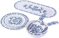 Vista 3 de Azul - Tazón para pasta/sopa/ensalada, 7.4 pulgadas, melamina pura, interior/exterior, azul y blanco, juego de 6