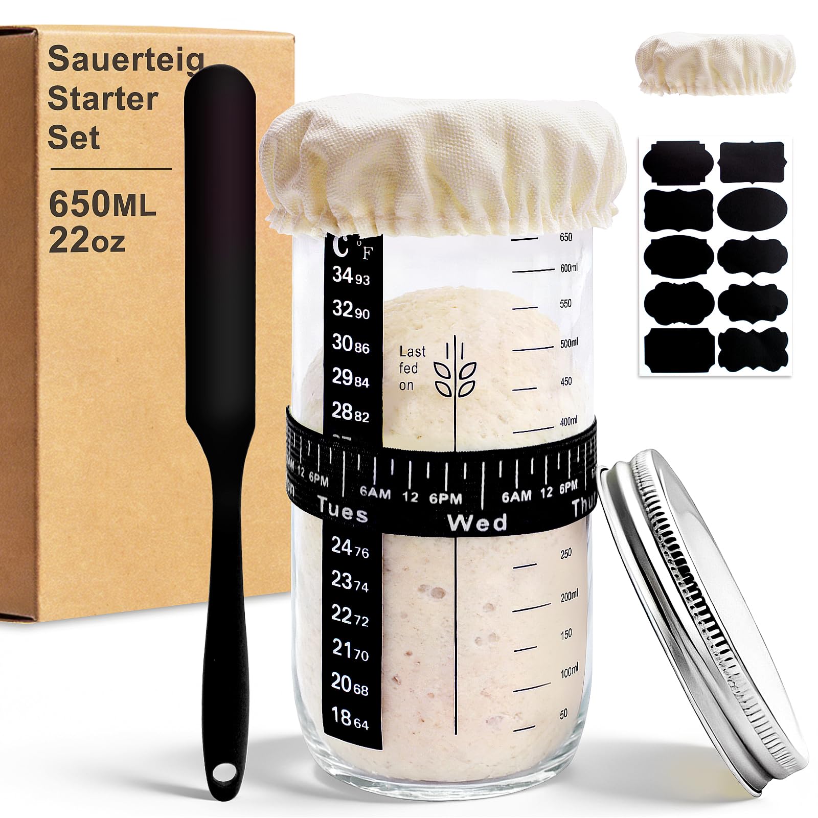 Sauerteig Starter Set - 650ML Sauerteig Glas mit Silikonspachtel, Tischaufkleber - brot backen zubehör, Fermentierglas für Anfänger &Zuhause Backen (Schwarz-Standard, 650ML)