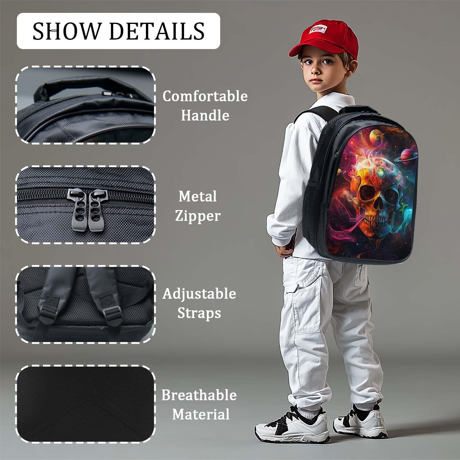 Skull Backpack 3PCS 16" Preschool Elementary Schoolbag with Lunch Box Pencil Case Bookbag Set for Girls Boys Kids Children Teens School Students - Image 8