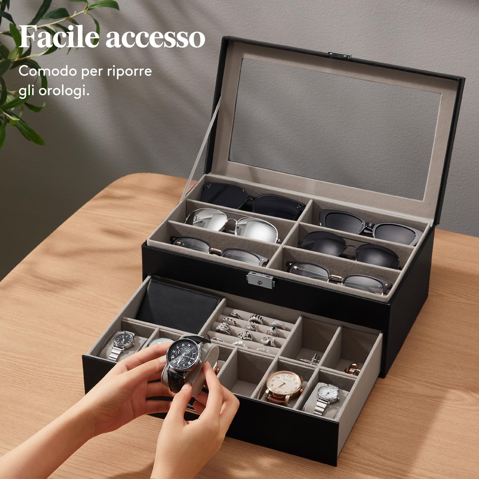 Lifewit Custodia Occhiali Rigida Uomo, Porta Occhiali da Sole Multiplo, Scatola Porta Occhiali con Cassetto, Scatola Orologi Orologi per Carte, Anelli, Spille, Fermacravatta, 35 x 21cm, Nero