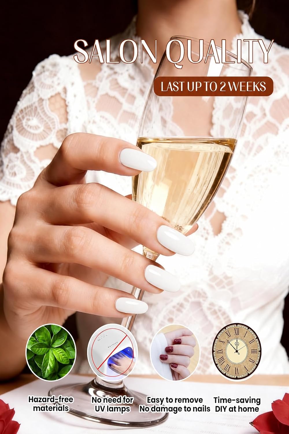 Gel Nail Strips 44Pcs, No UV Light Needed Gel Stickers, Pre-Cured Nail Polish Stickers for Women Salon Quality, Chip Resistant,Polish Wraps Long Lasting, Easy Apply & Remove (White)