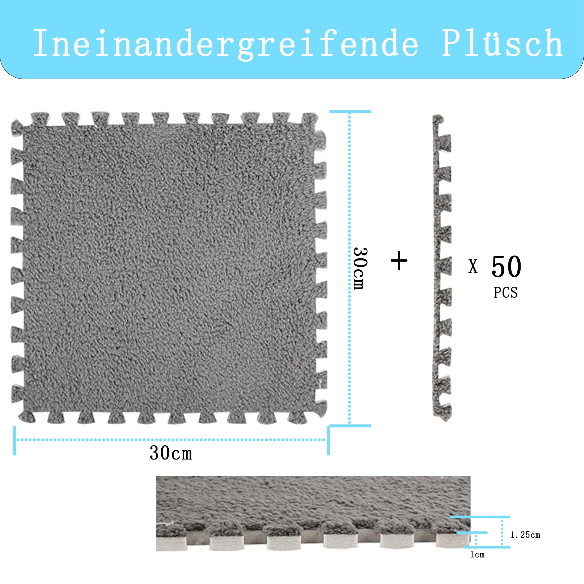 50 Stück Ineinandergreifende Plüsch-Schaumstoffmatte, 30 x 30cm Wohnzimmer-Schlafzimmer-Teppichfliesen, Zusammensteckbare Schaumstoff-Bodenfliesen Für Spielz (Grau, 50 Stück)