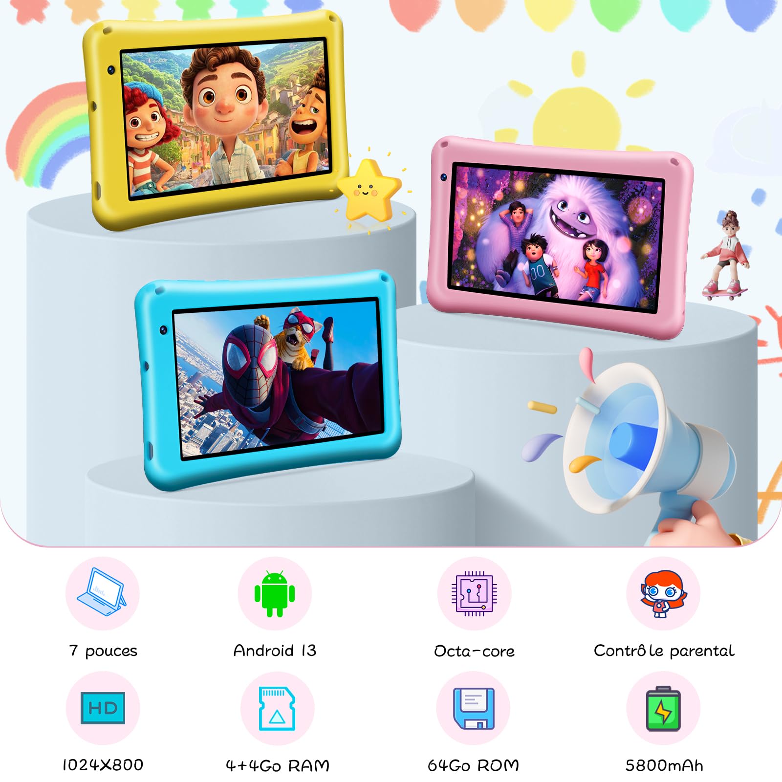 Marque : BISAIKASOW Tablette Enfants 7 Pouces, Android 13, 8Go RAM 64Go ROM, Tablette Tactile Octa-Core, 5MP+8MP Caméra HD, Contrôle Parental, Housse Silicone Anti-Choc Enfants (Rose​) in use