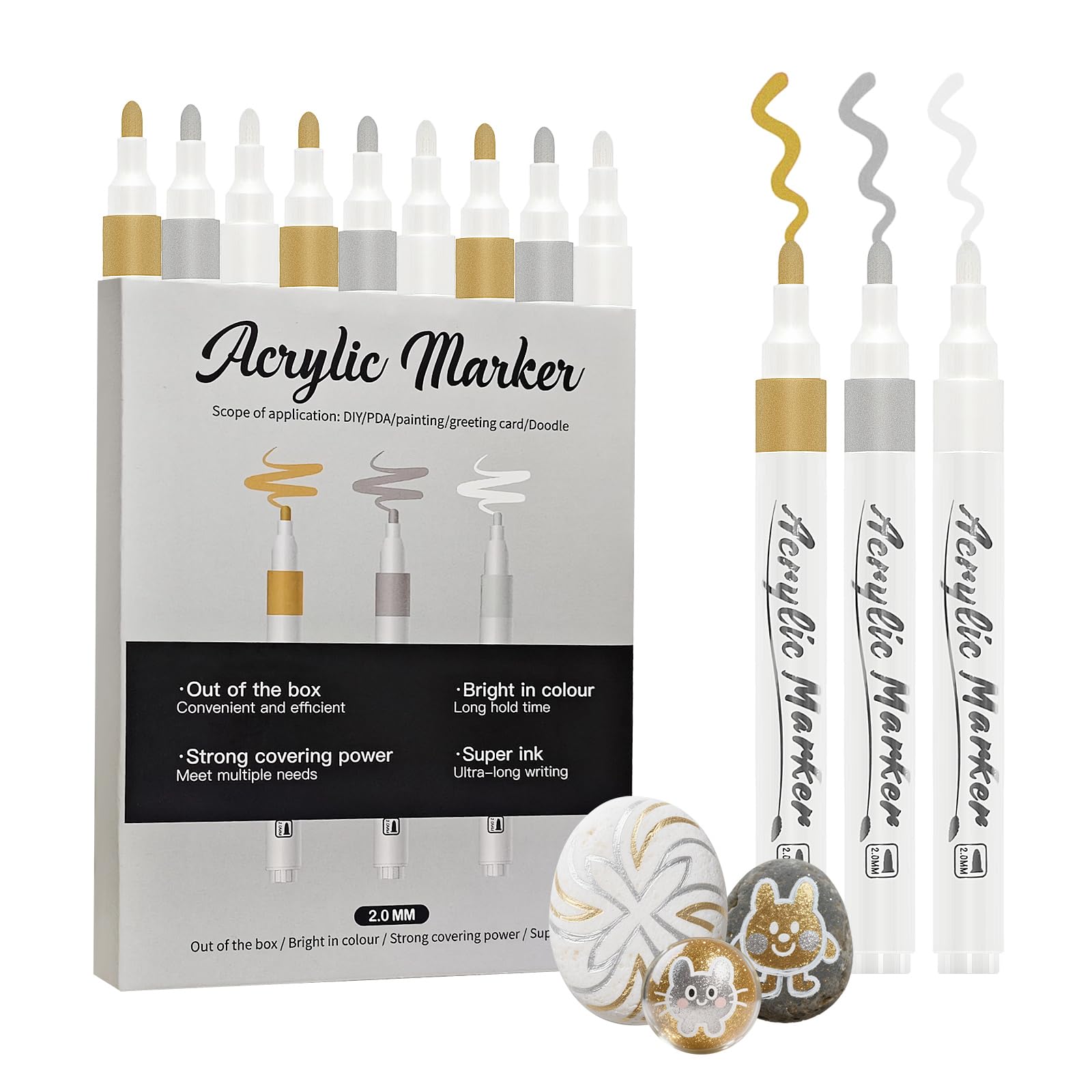 PEAKTOP 9PCS Rotuladores MetáLicos Permanentes, 2mm Marcadores AcríLicos MetáLicos, Rotulador Acrilic Metalizados, Rotuladores Acrilic Para Roca Madera Metal Piedra (Dorado Plata Blanco)