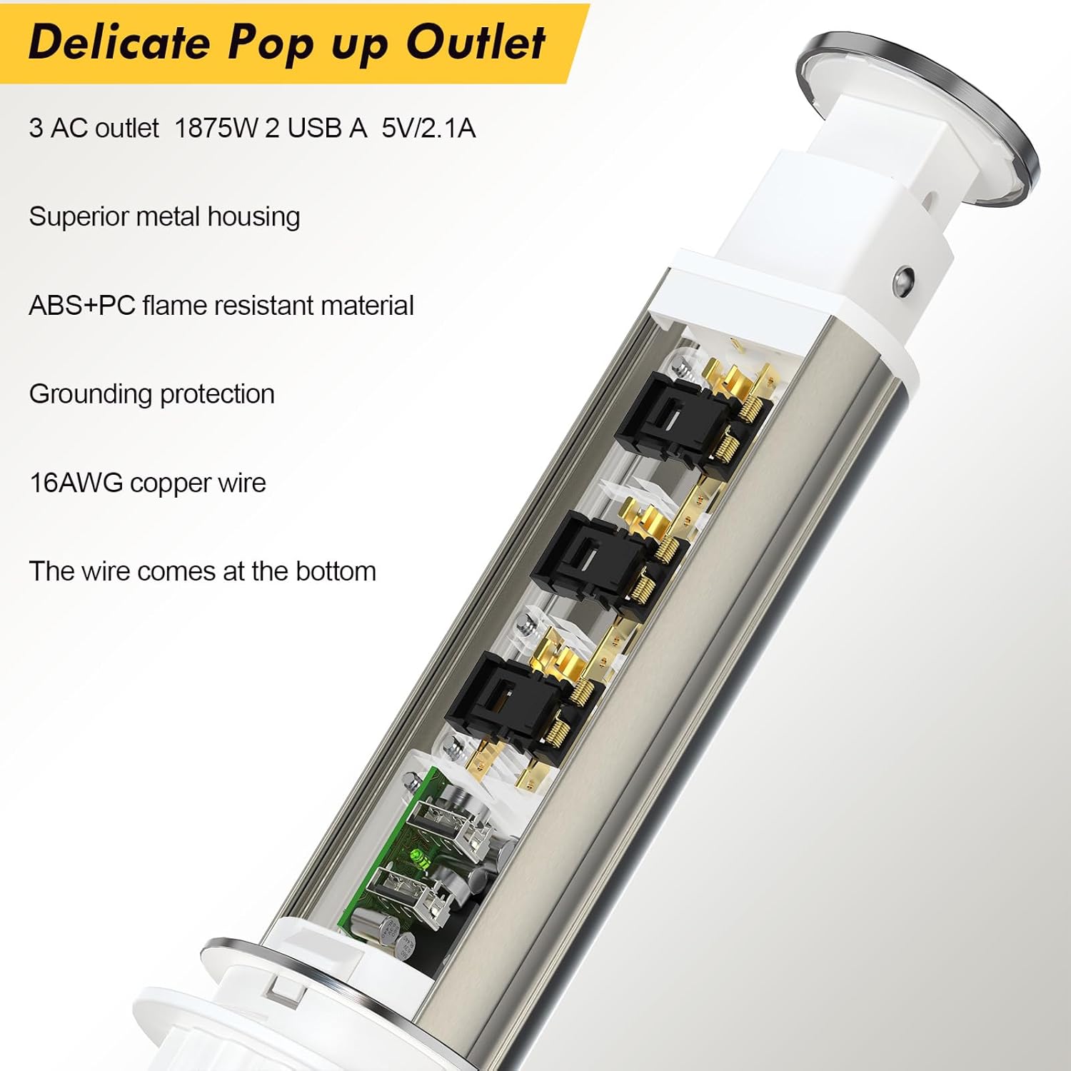 Pop Up Outlet for Countertop, Receptacle Power Strip with 3 AC Outlet 2 USB Ports, Pull Pop Up Power Socket Outlet, 2.5" Hole Recessed Outlet for Kitchen Counter Conference Desk Office, White
