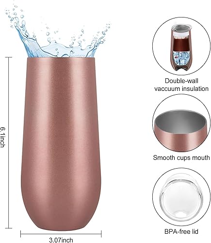 Miniatura 6 de Lifecapido Paquete de 12 vasos de champán sin tallo, vasos de vidrio de flauta de acero inoxidable aislados de 12 onzas para cumpleaños, fiesta de