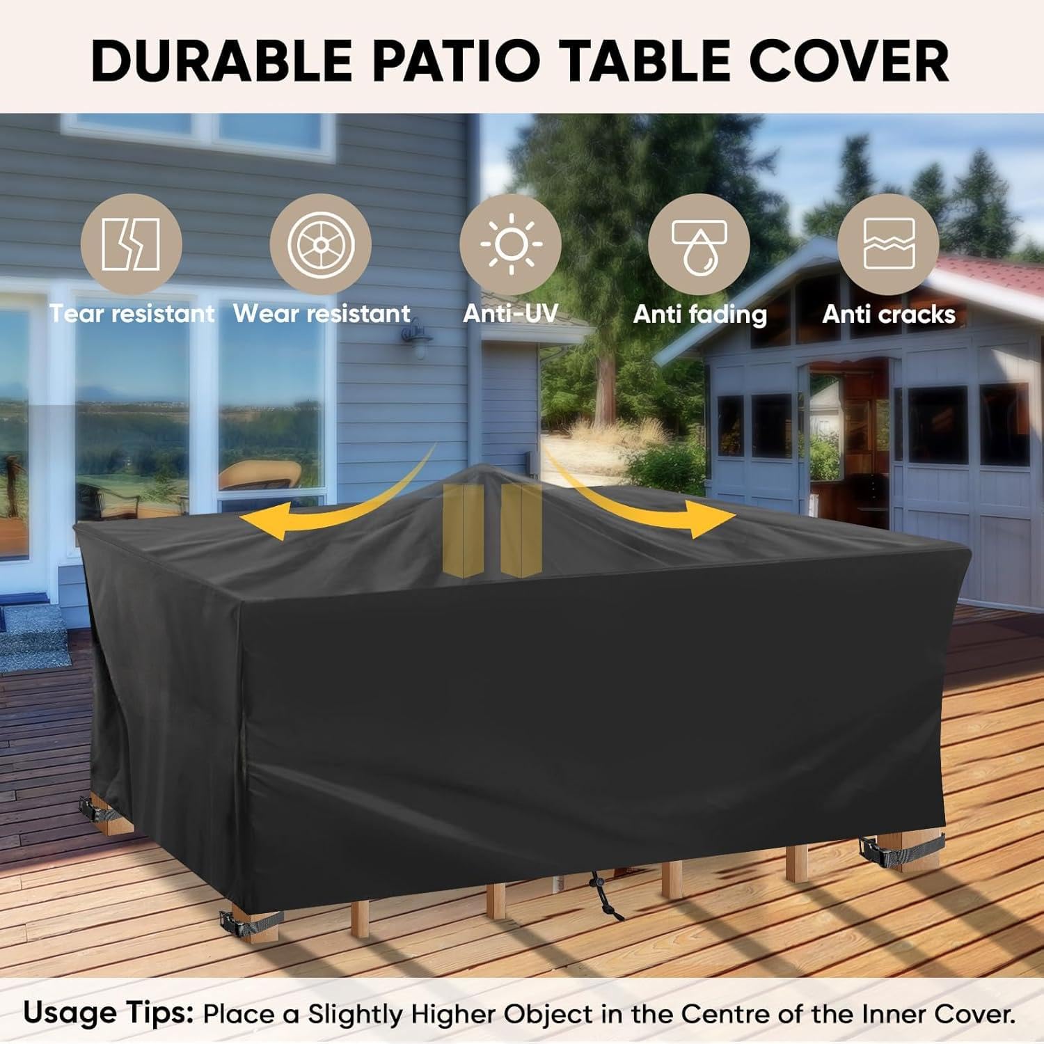 Coperchio per mobili da giardino, coperchio per tavolo impermeabile in tessuto Oxford, tavolo e sedia da giardino, coperchio antivento a forma rettangolare (nero,342x90x112cm)