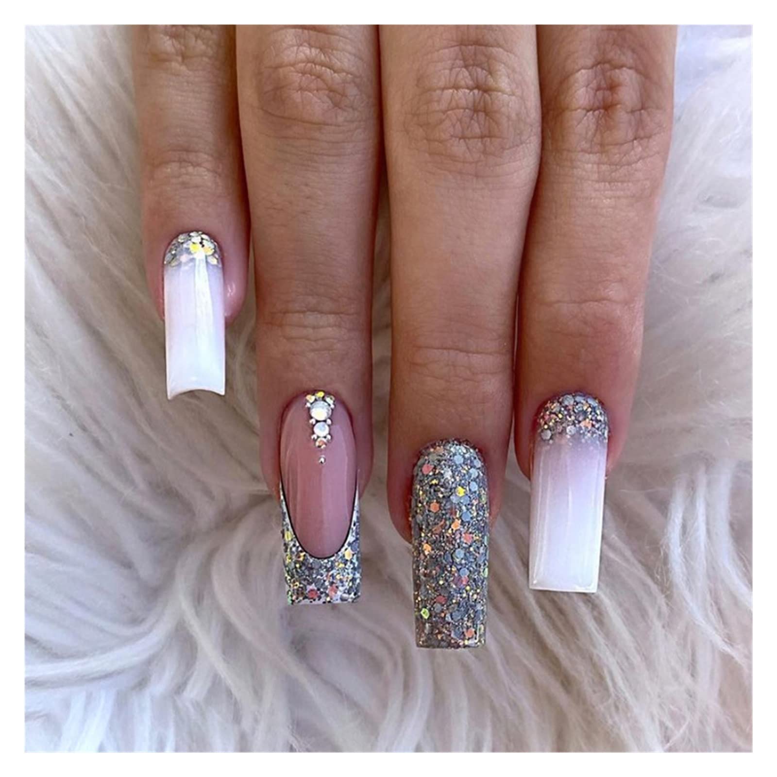 24 uñas postizas francesas Rosas largas con diseño de Ballet y Diamantes de imitación, uñas postizas acrílicas de Cobertura Completa, Juego de manicura Coreana DIY, Falda