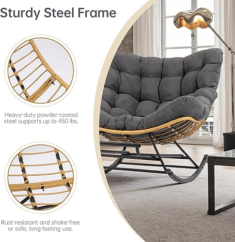 Miniatura 4 de Silla de mimbre para exteriores, silla tumbona de patio de gran tamaño con ratán de polietileno resistente al agua, reposapiés ajustable y comodidad