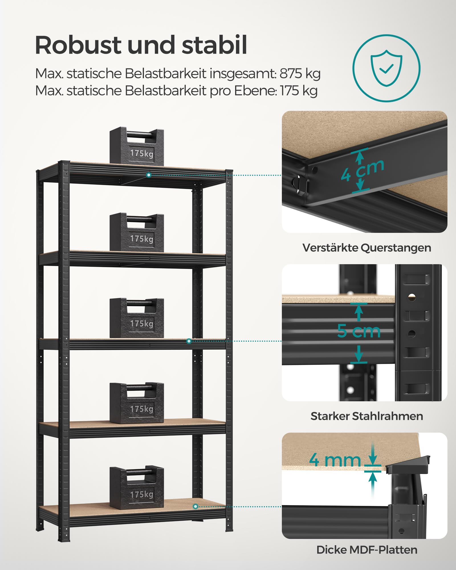 SONGMICS Schwerlastregal, 3er Set, Kellerregal, Lagerregal, 40 x 90 x 180 cm, Regal mit Stahlgestell, bis 875 kg belastbar, 5 verstellbare Ablagen, schwarz GLR040B03
