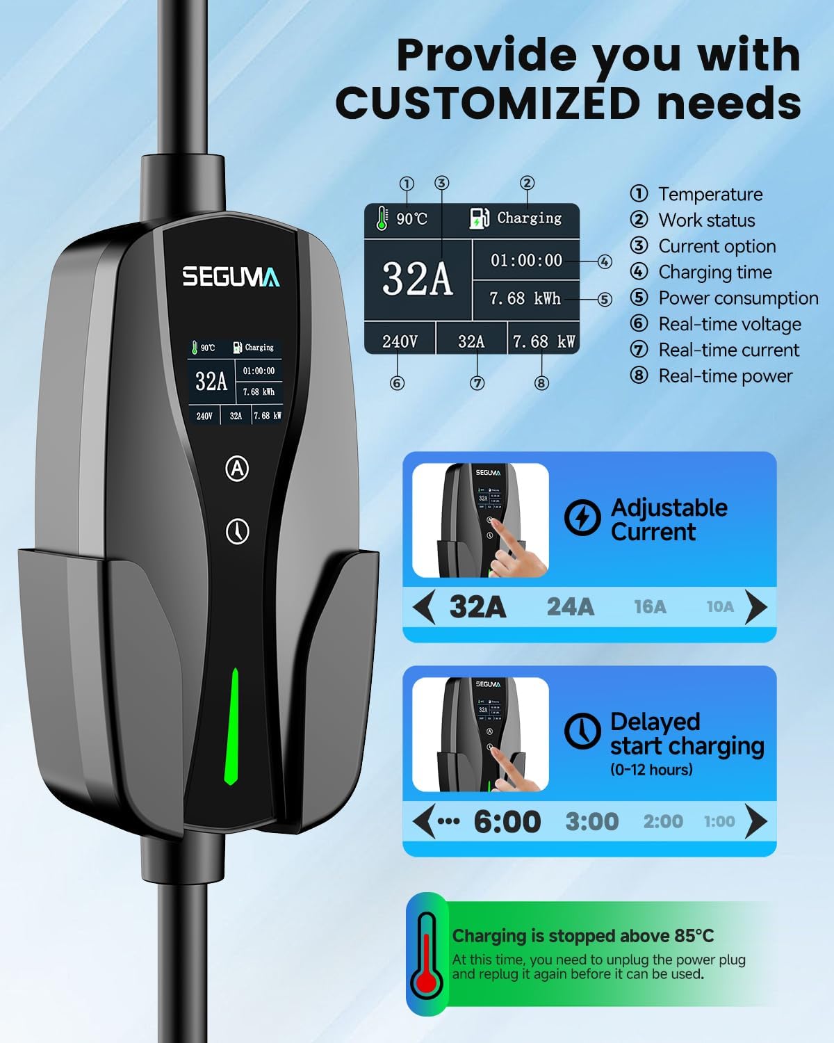 SEGUMA EV Charger display showing charging information