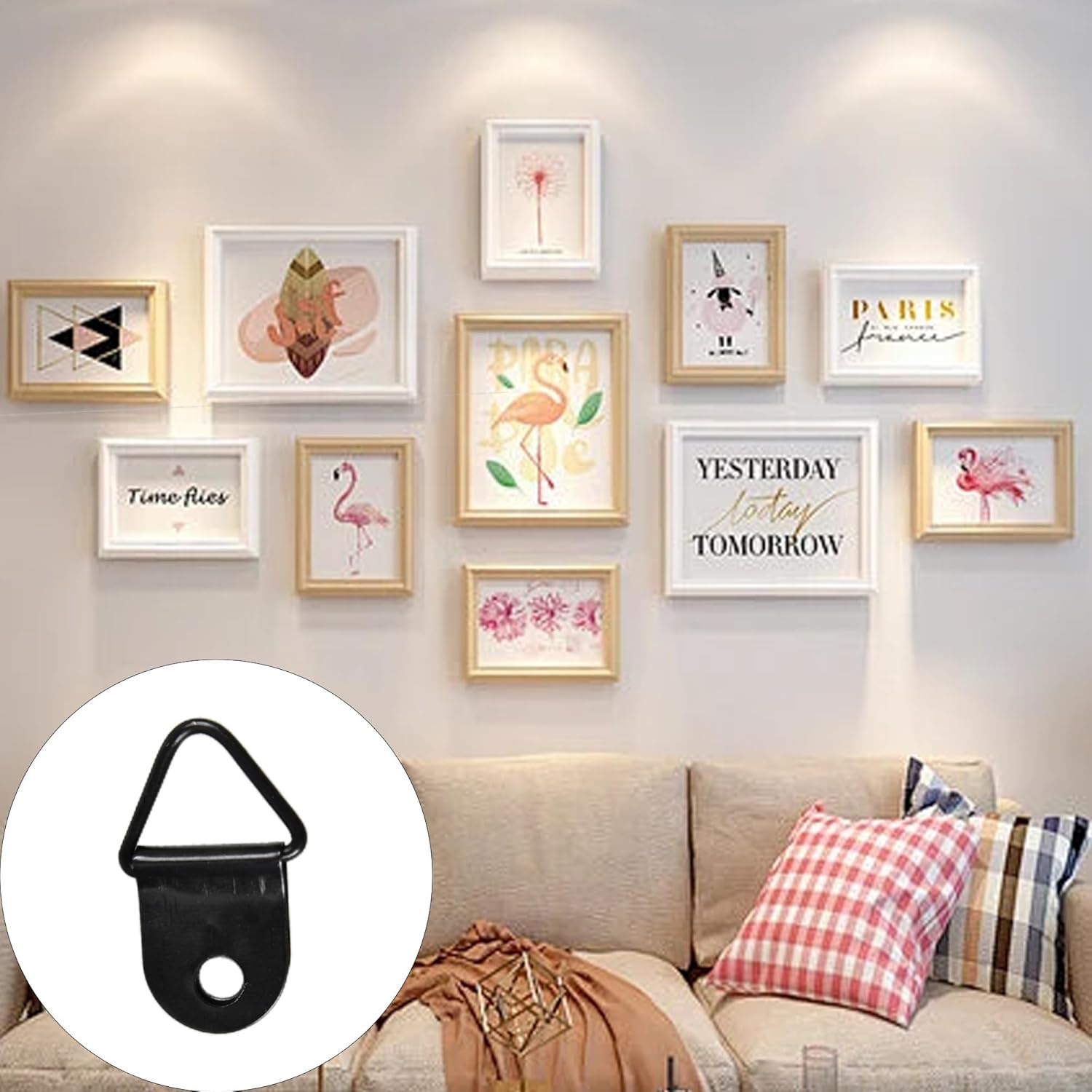 100Pcs Small Triangle D-Ring Picture Hangers with Screws, Picture Hang Solutions, Black Metal Frame Hooks Hardware for Hanging Clocks, Paintings, Artwork, Photos, Mirror