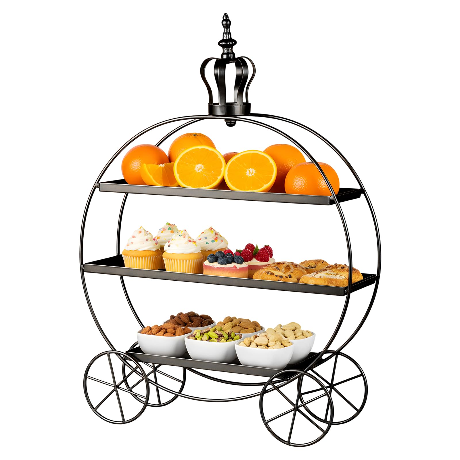 SUNNYNEST 3‑Tier Iron Dessert Display Cart with Wheels Round Metal Cake Stand for Cakes, Pastries Buffets Portable Tiered Serving Tray for Parties Christmas Wedding or Home (Black)
