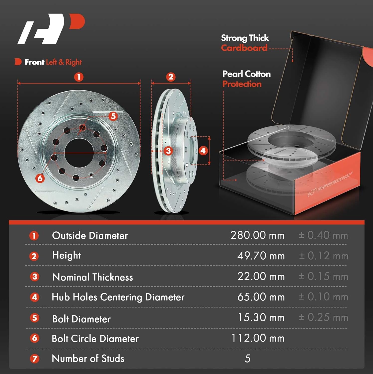 A-Premium 11.02 inch (280mm) Front Drilled and Slotted Disc Brake Rotors + Ceramic Pads Kit Compatible with Select Volkswagen Models - Jetta 2011 2012 2013, 6-PC Set
