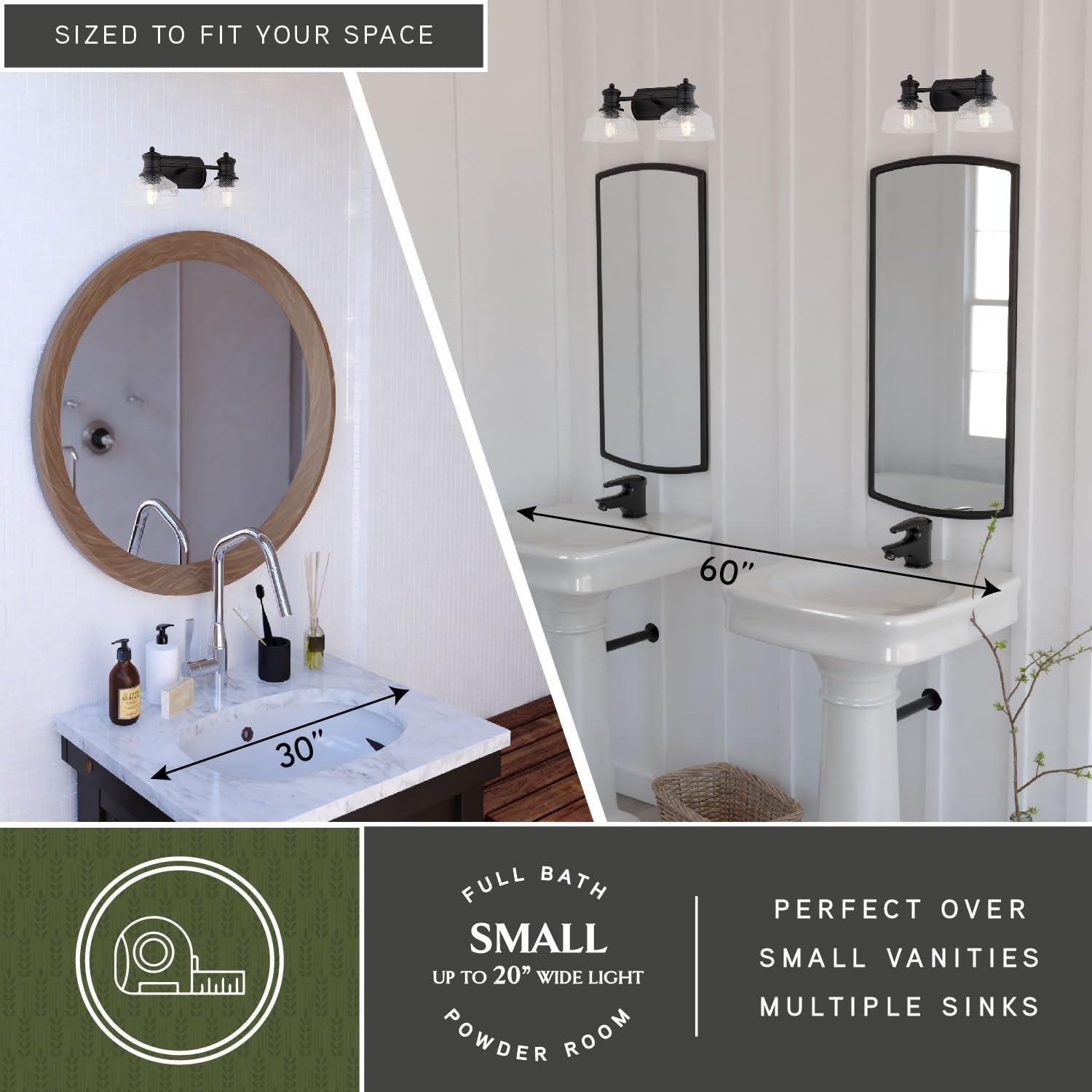 VAXCEL Beloit 2-Light 17 inch Wide Matte Black Farmhouse Bathroom Vanity Lighting Fixture, Clear Seeded Glass Shade, Dimmable, LED Compatible, Over The Mirror Mounted Metal Wall Sconce