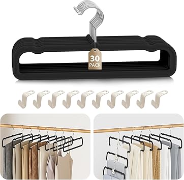 Velvet Felt Pants Hangers 30 Pack Heavy Duty Space Saving Clothes Hangers with 360 Swivel Hook, Non-Slip Thin Design for Suits, Shirts, Coats, Dresses Includes 30 Hooks Black