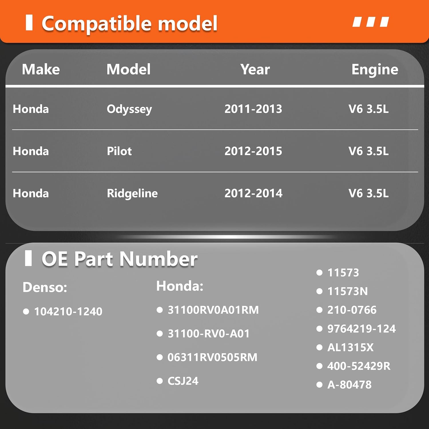 Alternator Compatible with Honda Odyssey 2011-2013, Pilot 2012-2015, Ridgeline 2012-2014, V6 3.5L-, Replace# 06311-RV0-505RM, 31100-RV0-A01, 31100-RV0-A01RM, CSJ24,104210-1240,11573N
