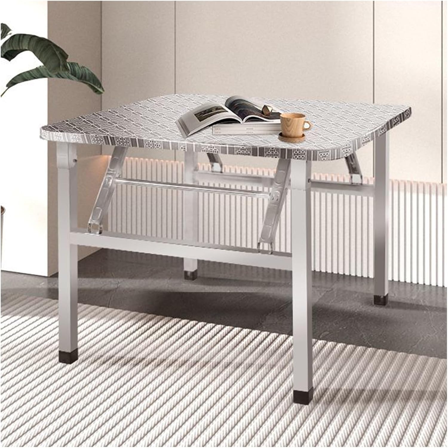 304 Extra-Thick Stainless Steel Work Table Foldable Square Commercial Kitchen Preparation Table Patterned Tabletop Warehouse Packing Table