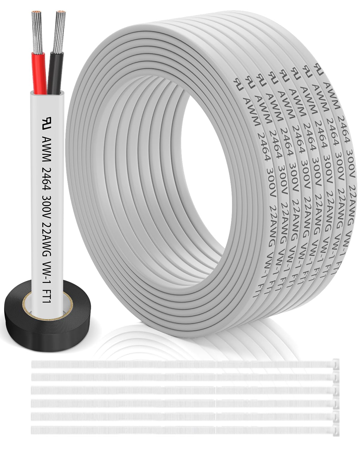 22 Gauge Wire 2 Conductor Electrical Wire 30FT, 22 AWG Flat 2 Wire Cable Tinned Copper/PVC Flexible/Stranded 22/2 Cord for Automotive, LED Lighting, 12V 24V Low Voltage Cable, Marine etc.