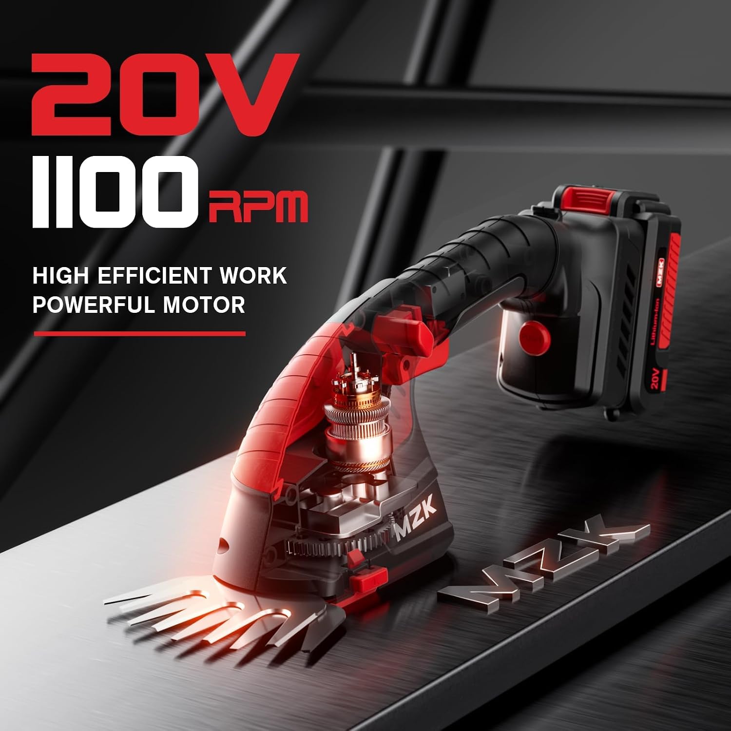 MZK Trimmer showing 20V 1100RPM High Efficient Work Powerful Motor