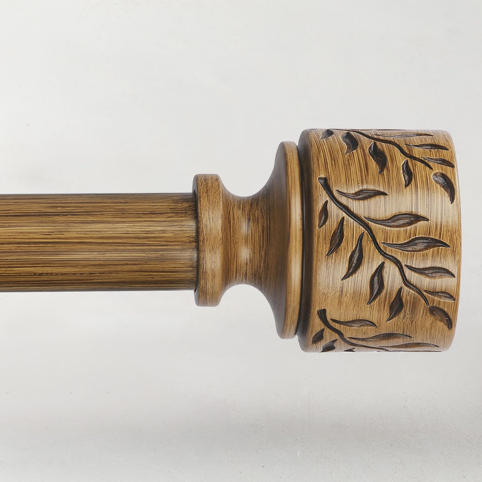 Boho Wood Curtain Rods for Windows 32 to 45 Inch, 1" Adjustable Heavy Duty Curtain Rod with Imitation Wooden Grain Leaf Pattern Finials, Rustic