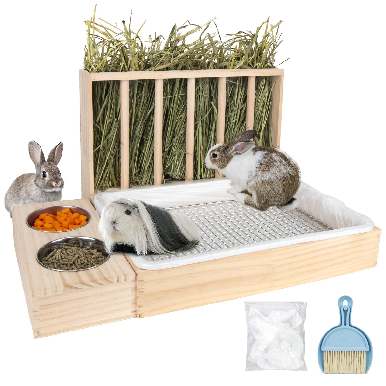 3 in 1 Rabbit Hay Feeder with Litter Box,Upgraded Wooden Hay Feeder Set for Guinea Pig Chinchilla Bunny Other Small Animals,Quick Cleaning & Large Capacity & Preventing Waste