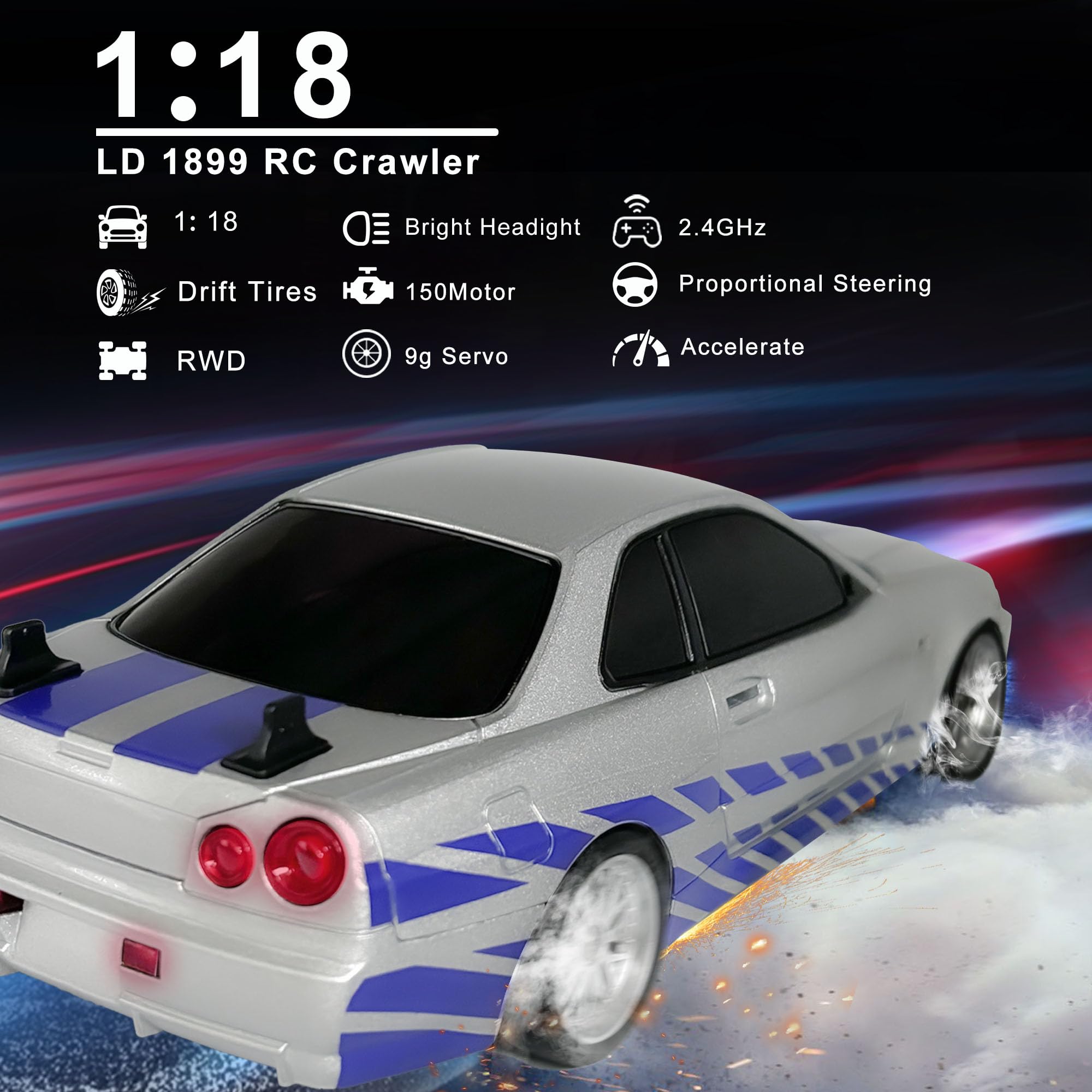 Amazon.com: LD1899 1/18 GTR R34 RC Drift Car (Silver), 3 Upgraded