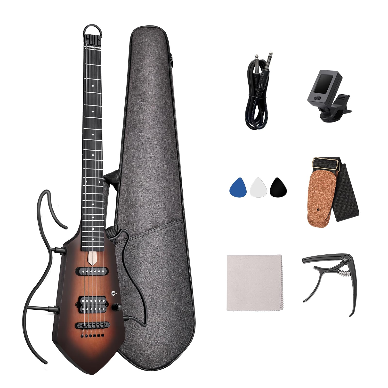 Mini chitarra elettrica da viaggio, piccola chitarra leggera senza testa per pratica, portatile, compatta e solida, facile da montare, con custodia, Sunburst