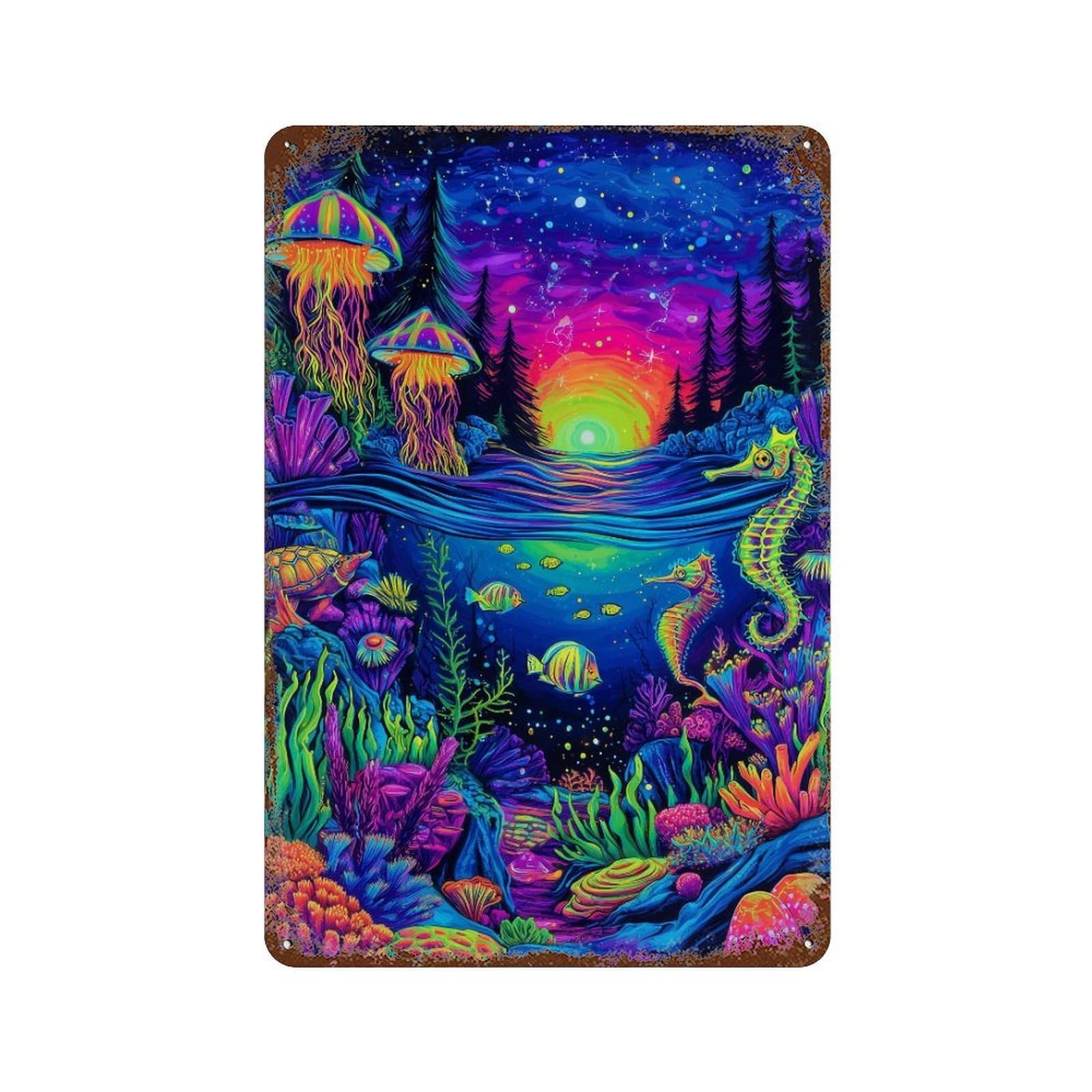 Underwater Neon Paradise Vintage Metal Tin Sign 11.8"x7.9", Farmhouse Wall Decor for Garage, Bar And Workshop Decor