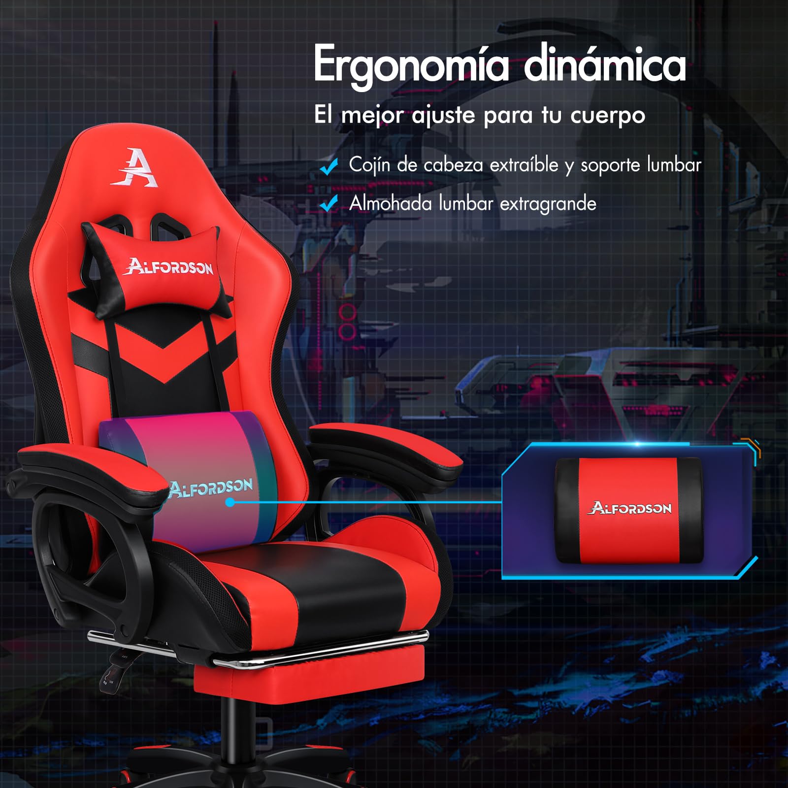 ALFORDSON Silla Gaming con Masaje y LED, Silla Gamer Ergonómica con Cojín Lumbar y Cervical, Reposapiés Telescópico, Iluminación para Ordenador, Videojuego, Juegos, Oficina, Cuero PU(Roja)