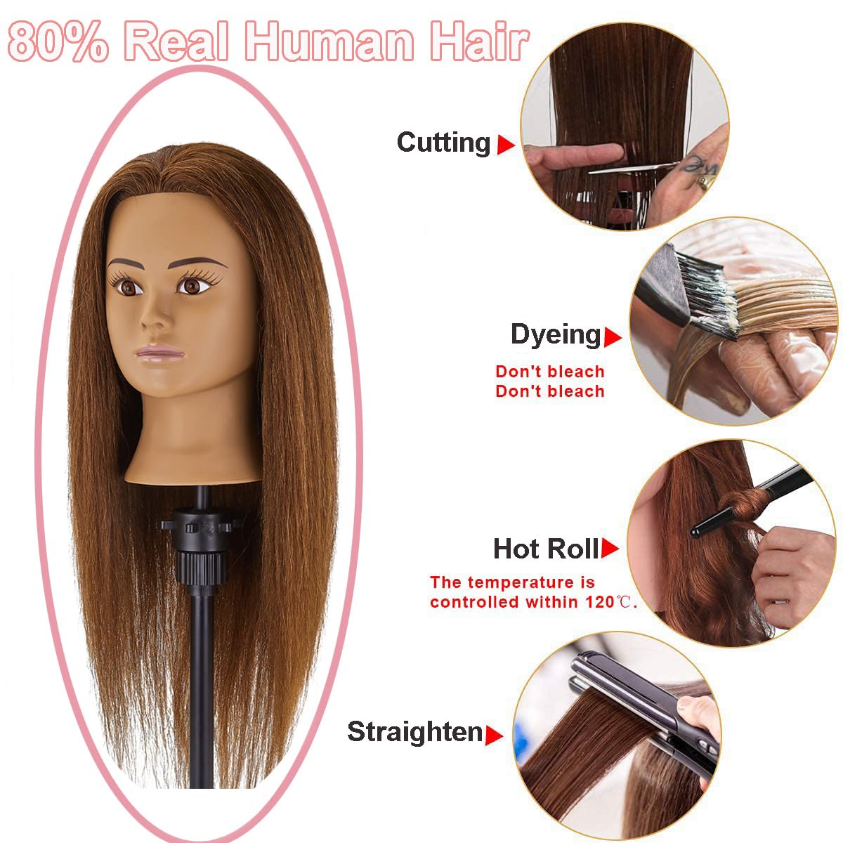 100% Human Hair Mannequin Head Hair Styling Training Head Cosmetology Manikin Head Doll Head for Hairdresser with Clamp Holder and Tools