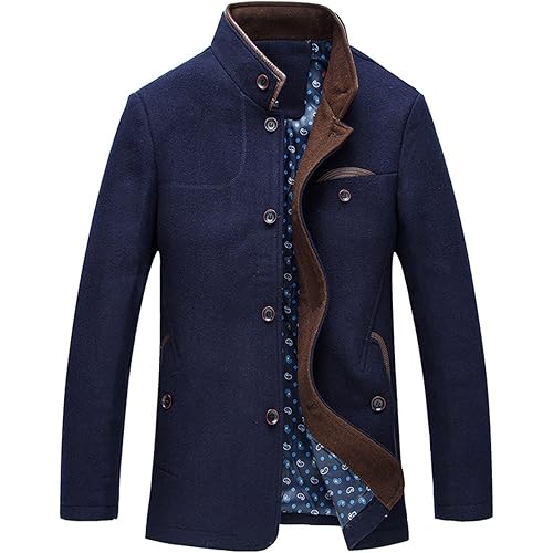 chouyatou Men's Gentle Band Collar Single Breasted Wool Blend Pea Coat