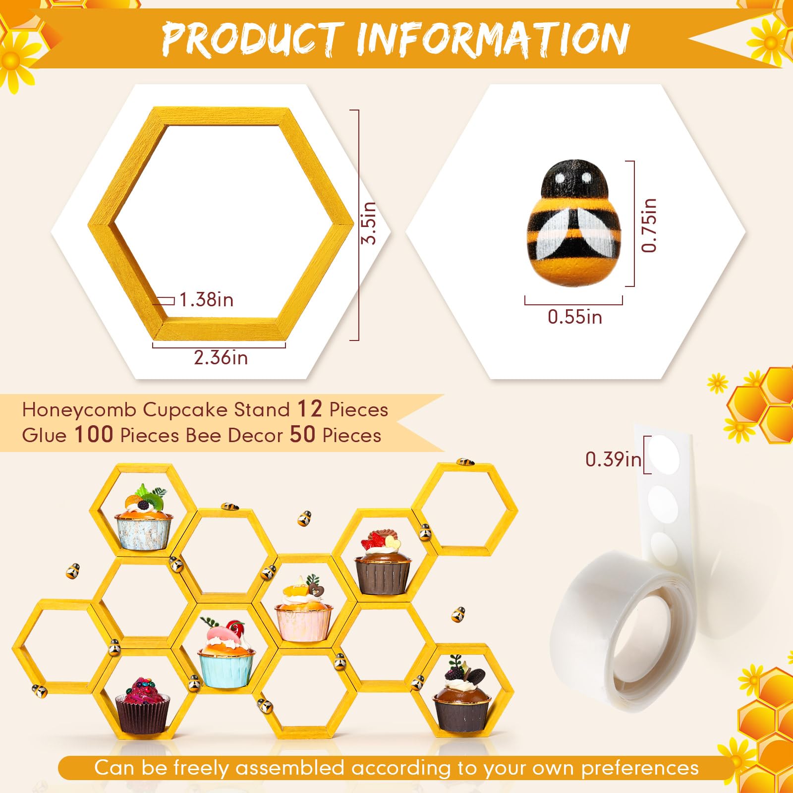 FairySandy 12 Pcs Mini Honeycomb Cupcake Stand Cake Farmhouse Hexagon Display Holder Hexagonal Wood Cupcake Stand Floating Table Sign with 50 Tiny Wooden Bee for Baby Shower (Gold)