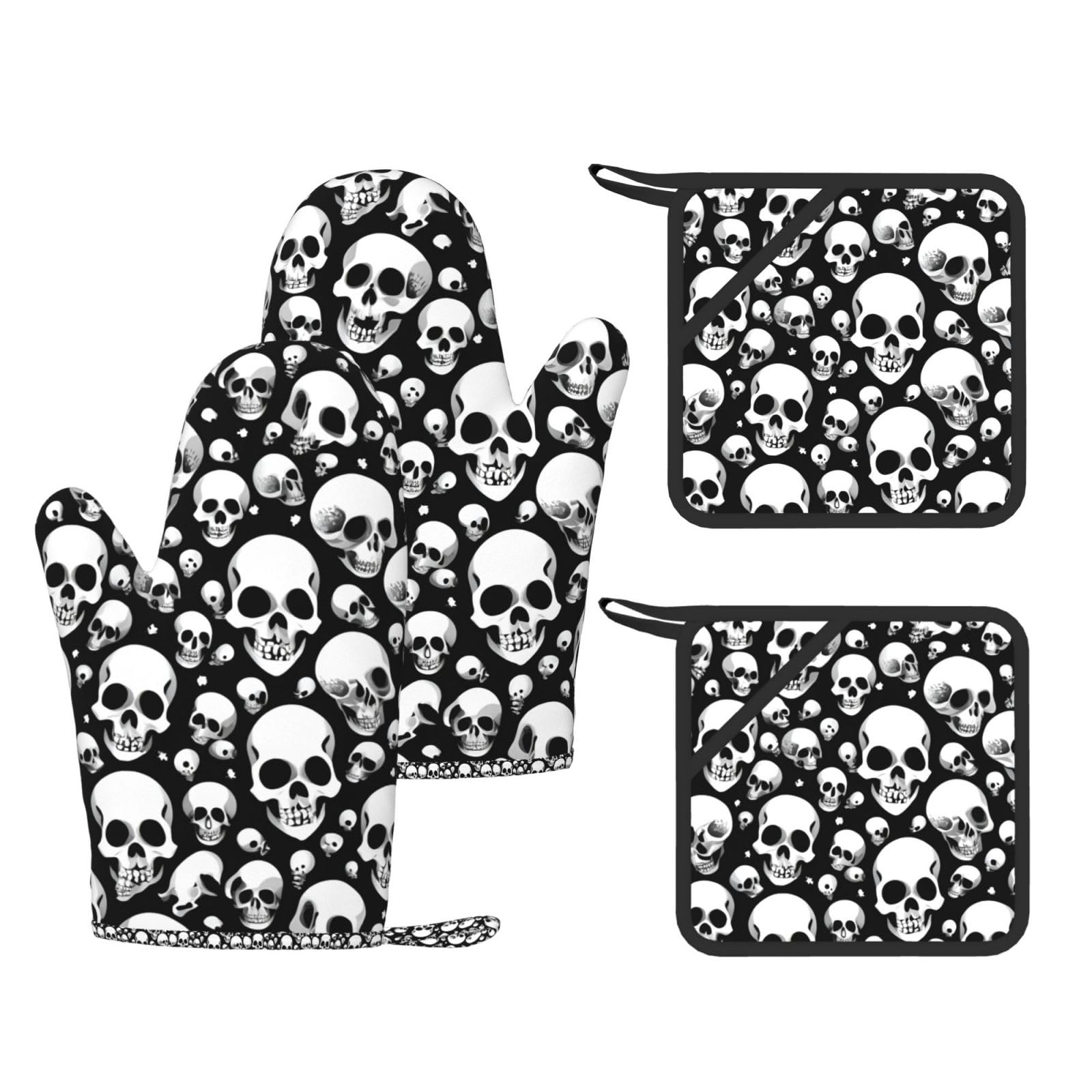 Skulls Print Kitchen Heat Resistant Set,Cooking Kit With Hanging Loop For Baking & Bbq