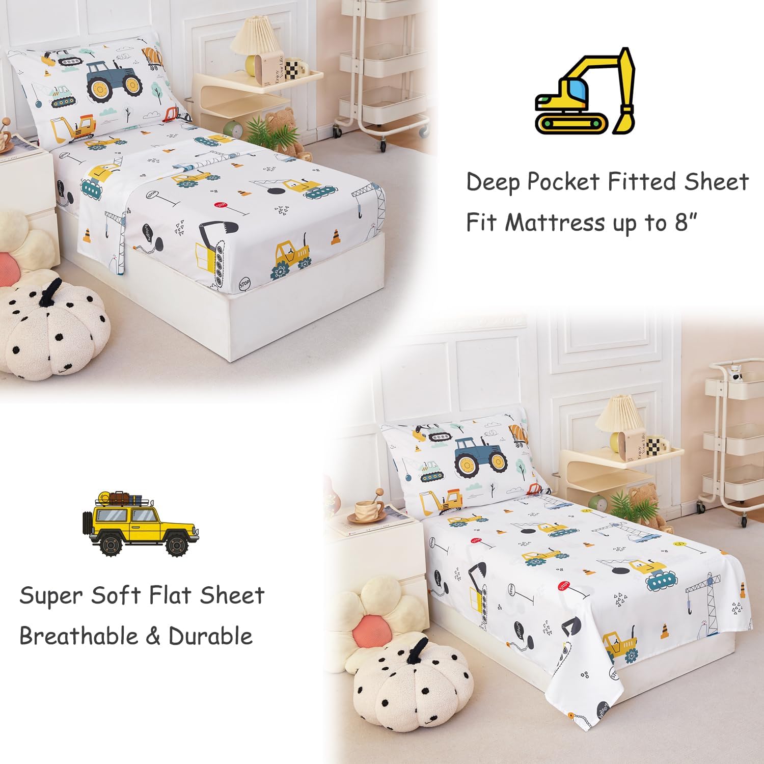 PERFEMET Car Printed Toddler Comforter Set, 4 Pieces Toddler Bedding Sets for Boys, Reversible Tractors Pattern Teen Boy Bed in A Bag Comforter Set with Sheets (Tractor, Toddler) - Image 5