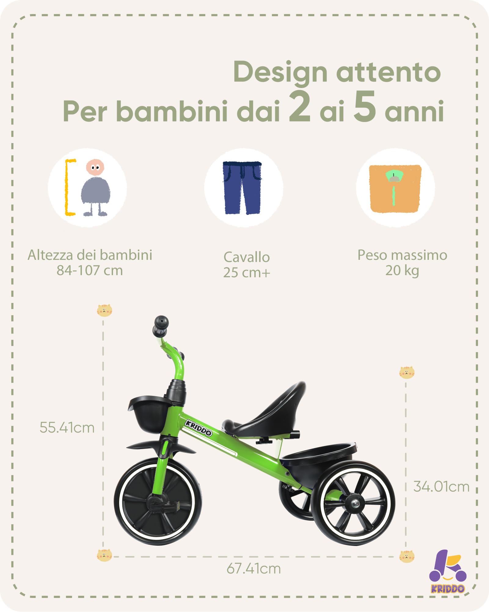 KRIDDO Triciclo per Bambini dai 24 mesi ai 5 anni, Tricicli per bambini da 2,5 a 5 anni, Triciclo Evolutivo da 2 a 4 anni, con Cestello Portaoggetti, Ideale da regalare, Verde