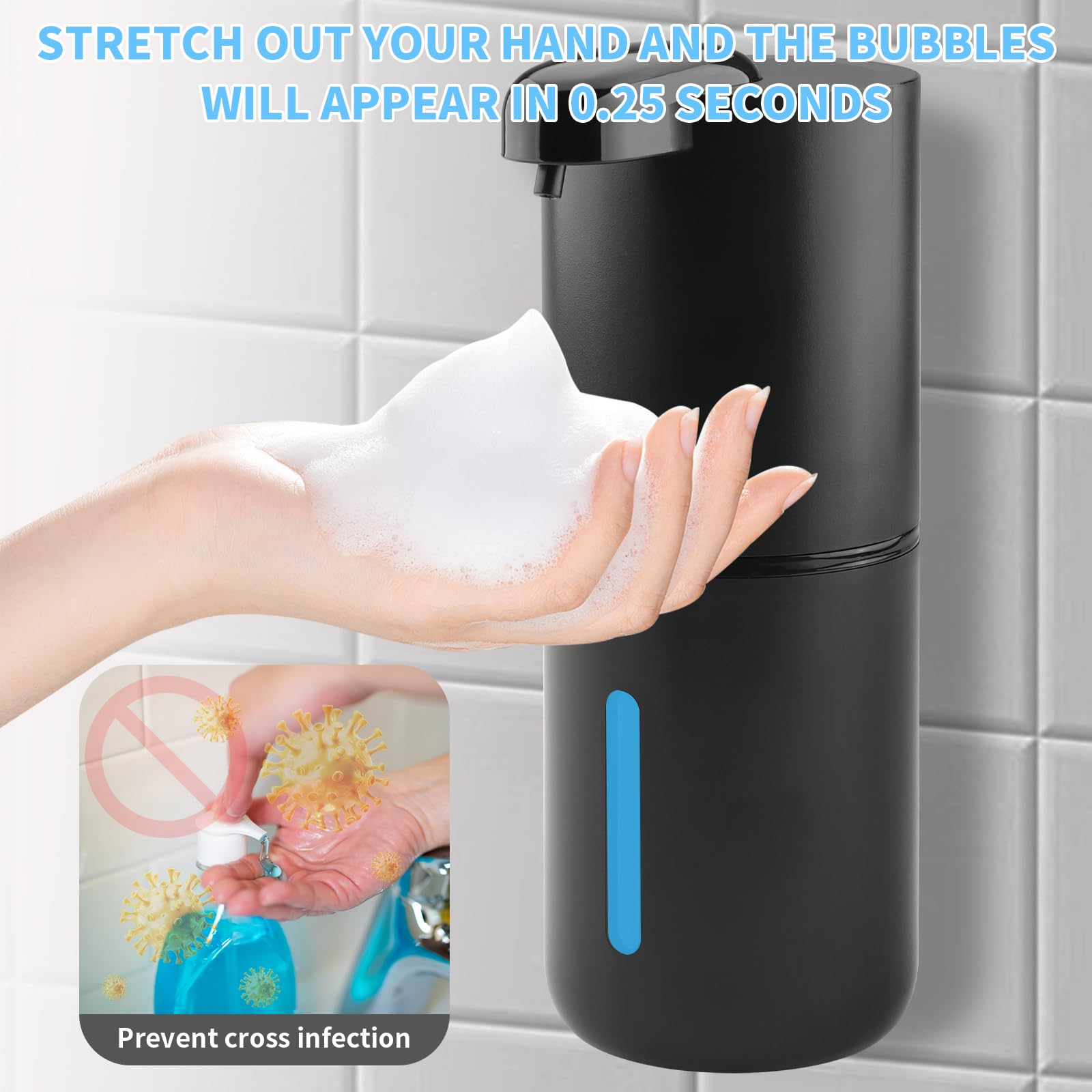 Dispenser Sapone Automatico Da Parete 500ml – Ricaricabile USB-C, Sensore, 4 Livelli Schiuma, Impermeabile IPX5
