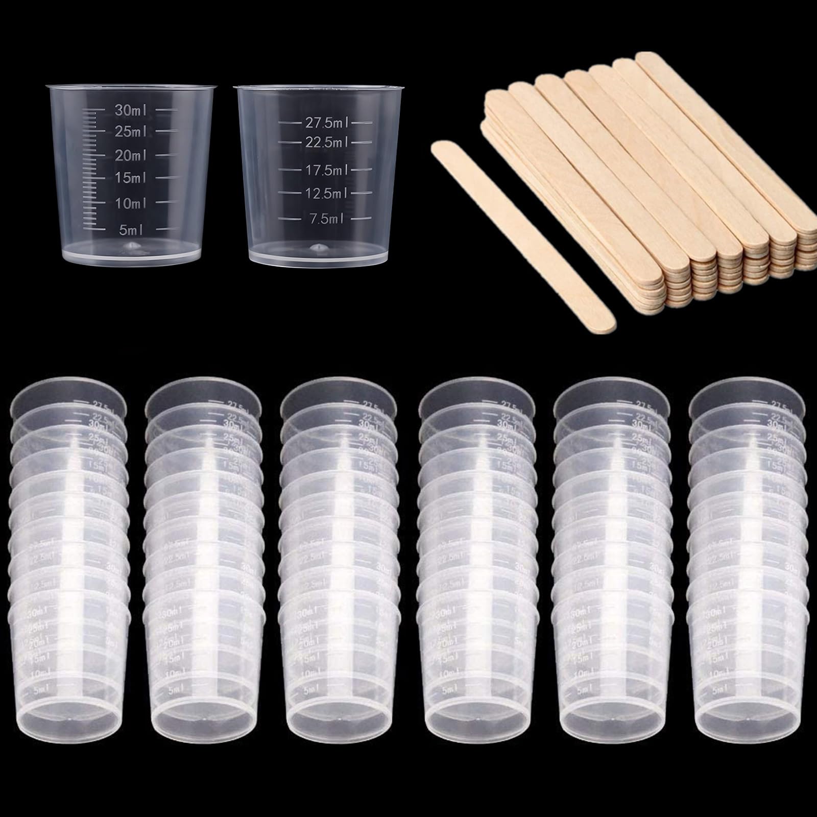 wordmouk 60 Pack 30ml Plastic Mixing Cup Measuring Cups Graduated Cups with 50 Pack Wooden Stirring Sticks Plastic Mixing Kit for Mixing Resin Paint Stain Epoxy