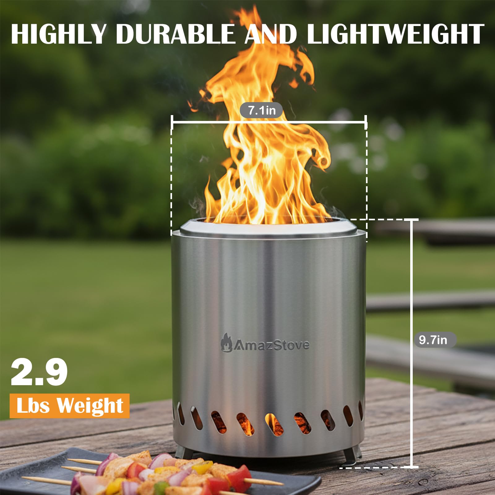Palenisko stołowe firmy AmazStove, kuchenka kempingowa o niskiej emisji dymu do bezpiecznego paleniska na zewnątrz, napędzana granulatem lub drewnem, torba podróżna w zestawie, srebrna