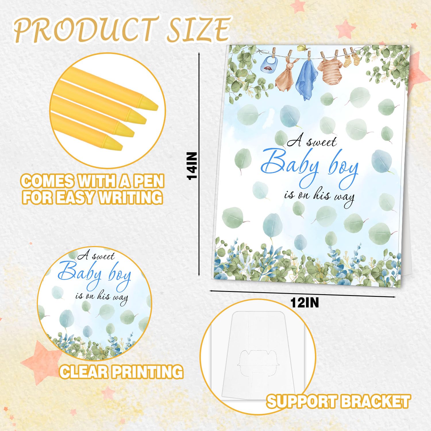 Dekoracje na baby shower, pamiątkowa księga gości, zabawne artykuły na baby shower, specjalna znacząca dekoracja kartonowa