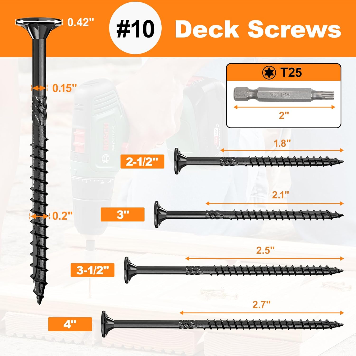 #10 x 3-1/2” Deck Screws, 500Pcs Star Drive Wood Screws, Rust Resistant Timber Screws for Timber/Log/Landscaping Wood, T25 Star Bit Included, Black